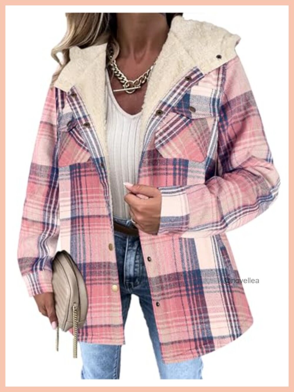 Flannel Plaid Shacket Fleece Lined Hooded Button Warm Coat